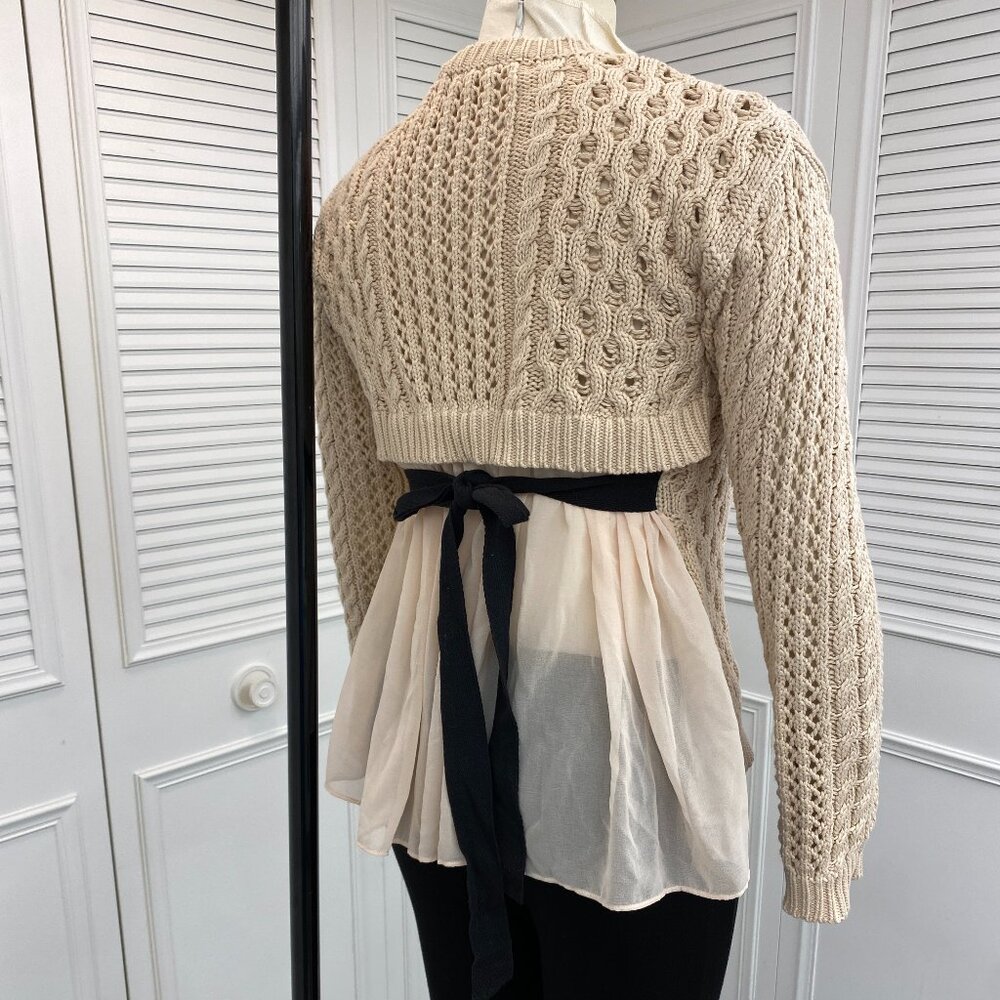 Endless Rose Creme & Chiffon Sweater Sz. M with Black Ribbon Very Unusual Cable